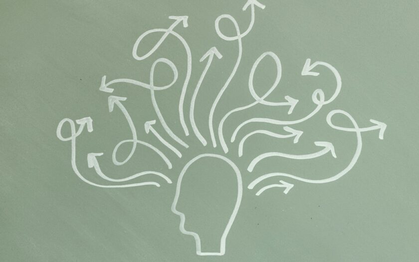 Abstract illustration symbolizing mental health and ADHD awareness with arrows representing thoughts.